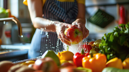 A close-up of hands washing a fresh apple with water splashing around, amidst a variety of colorful vegetables.