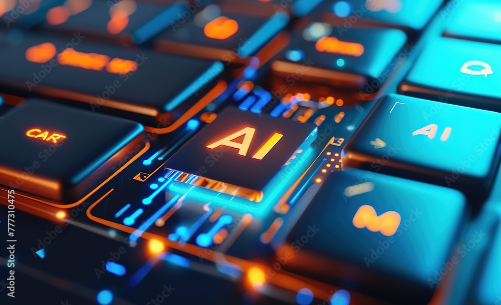 Poster artificial intelligence backlit keyboard - conceptualizing the integration of artificial intelligenc