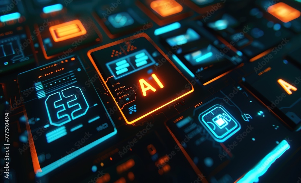 Poster artificial intelligence backlit keyboard - conceptualizing the integration of artificial intelligenc