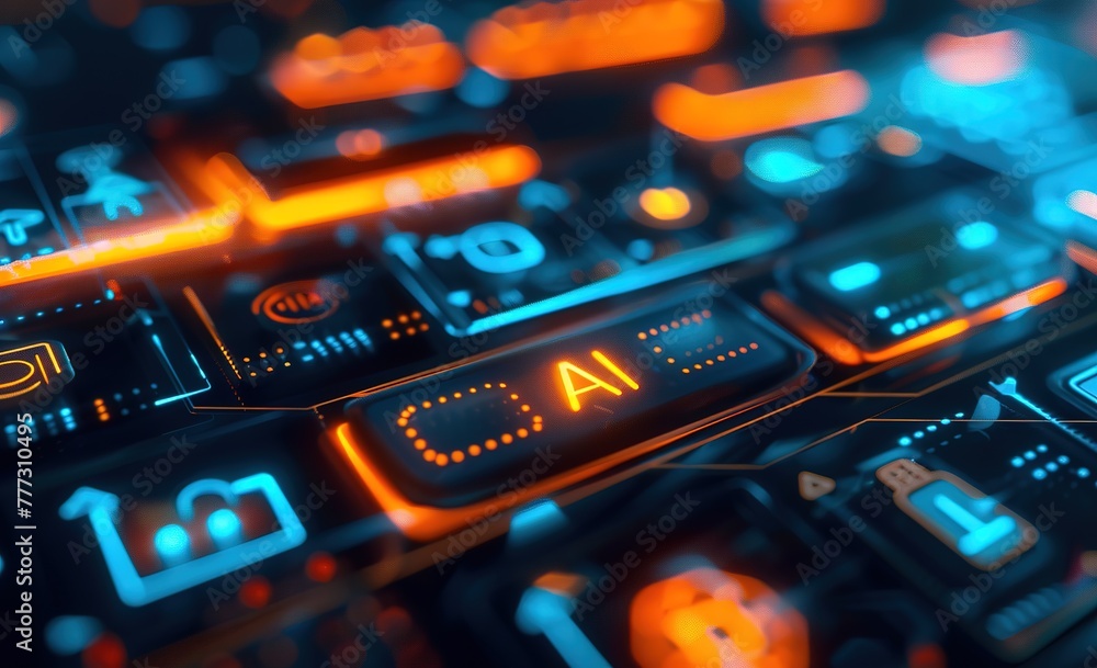 Poster artificial intelligence backlit keyboard - conceptualizing the integration of artificial intelligenc