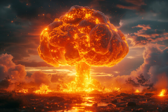 Nuclear atomic bomb explosion, radioactive war weapon, contamination disaster, mushroom fireball
