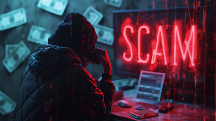 Scammer stares at the monitor, plotting with a smartphone in hand. Text ‘Scam’, they hunt for victims, eyeing phone numbers for their deceitful schemes. - obrazy, fototapety, plakaty