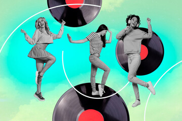Creative collage picture happy joyful girls dancers party celebrate cool disco vinyl record plate...