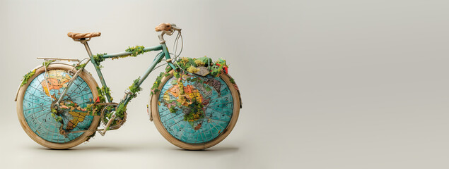 Bicycle with planet earth, eco and environment concept, sustainable transport and travel, protect nature, bike and earth day
- 777311223