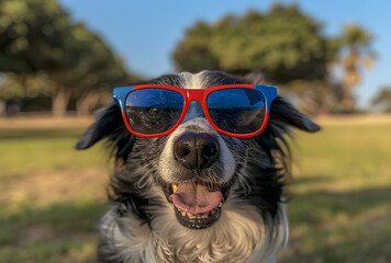 a black and white border collie wearing blue red sunglasses