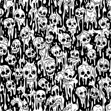 wall background pattern composed of skulls in grunge doodle style, black vector silhouette shapes, scary horror decoration