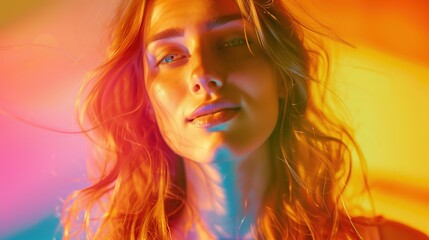 Obraz premium Portrait of a glowing Caucasian woman exuding confidence and vitality, with vibrant colors reminiscent of summer, real photo, stock photography generative ai