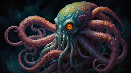 Obraz premium A mesmerizing tentacled alien creature, its sinewy appendages swirling in a surreal dance of colors and shadows. The main subject is an otherworldly being with multiple tentacles, eye balls