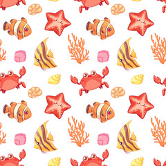 Seamless pattern of sea life. Crab, fish, shells, coral on white background. Vector illustration for kids prints, fabrics
