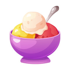 Three balls of colorful ice cream in creamer, plate with spoon on white background. Vector illustration
