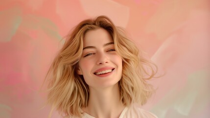 Fototapeta premium A radiant young woman with meticulously groomed blonde hair smiling against a soft, pastel backdrop, evoking feelings of serenity and contentment, real photo, stock photography