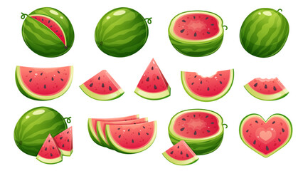 Set of vector watermelon icons in different angles on white background. Watermelon slice, half, whole watermelon, watermelon bitten and cut up