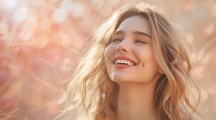 A radiant young woman with meticulously groomed blonde hair smiling against a soft, pastel backdrop, evoking feelings of serenity and contentment, real photo, stock photography