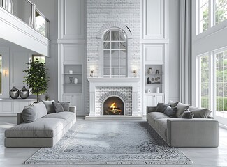 Large cozy living room in a luxury home with a fireplace, grey sofas and a white brick wall - Powered by Adobe