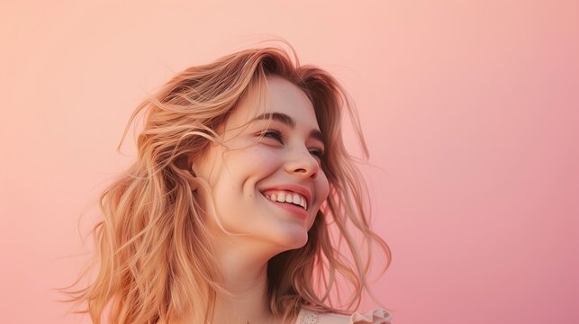A radiant young woman with meticulously groomed blonde hair smiling against a soft, pastel backdrop, evoking feelings of serenity and contentment, real photo, stock photography