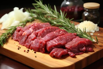 The butcher cuts pork ribs. Meat with bone on a wooden cutting board.