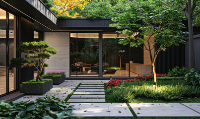 Modern building entrance with lush green plants and flowers