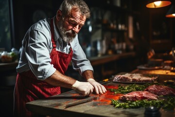 The butcher cuts pork ribs. Meat with bone on a wooden cutting board. - obrazy, fototapety, plakaty