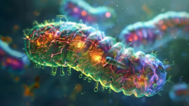 A 3D reconstruction of a mitochondrion highlighting its dynamic structure and its role as the birthplace of cellular energy. The different . AI generation.