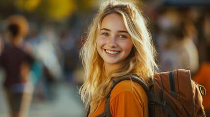 Smiling Blonde Teenager with Backpack