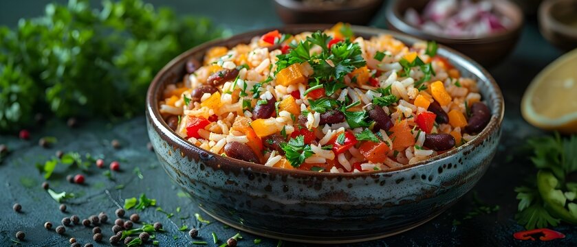 Casado: Traditional Costa Rican Dish with Rice, Beans, and Veggies on Blue Tablecloth. Concept Food styling, Traditional cuisine, Costa Rican recipes, Green plantain, Authentic meals