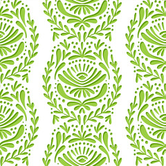vertical lace type botanical style white monochrome seamless pattern on light green background