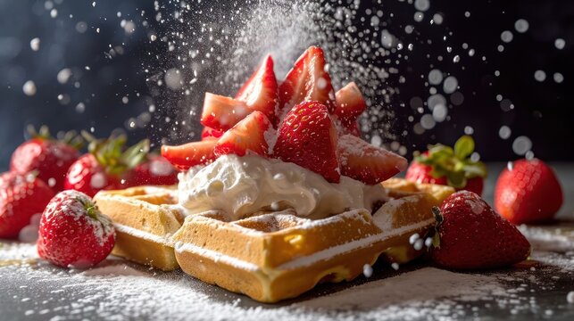 dynamic composition of a Belgian waffle with whipped cream, strawberries, and a dusting of powdered sugar