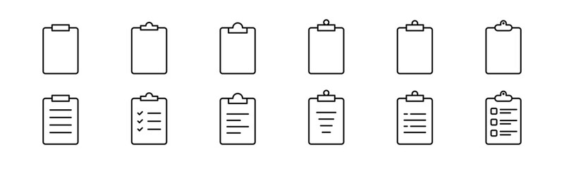 Clipboard icon set. Line clipboard checklist. Outline clipboard document
