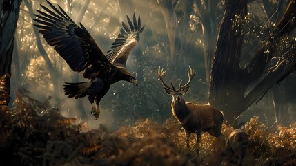 Eagle and deer in the forest, Generative AI illustrations. - obrazy, fototapety, plakaty