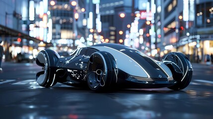 3D rendering of a futuristic concept car in the city at night, Generative AI illustrations. - obrazy, fototapety, plakaty