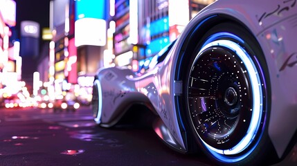 Close-up of a self driving electric car in the city at night, Generative AI illustrations.