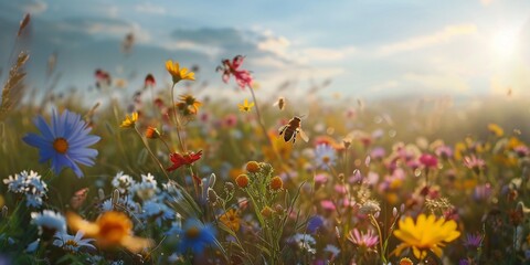 Fototapeta na wymiar Bee Amidst Wildflowers at Sunset