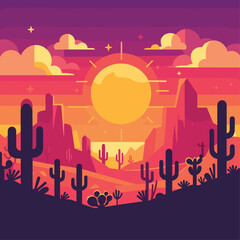 flat Vector desert sunset silhouette landscape cartoon background with wild cactus canyon mountain