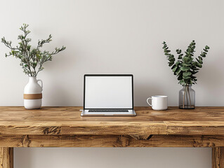Fototapeta premium A minimalist style wooden table, featuring an open laptop placed on the surface. The desk is set against a white background, creating a clean and simple atmosphere that highlights both the natural bea