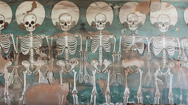 Colorful skeleton wall in Pompeii, an ancient Roman town destroyed by the volcano Vesuvius, Generative AI illustrations.