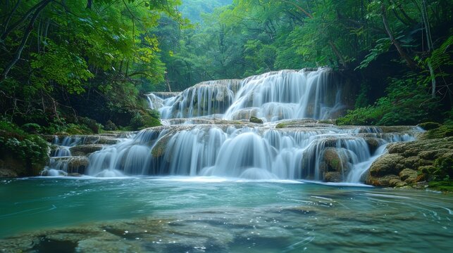 Waterfalls: Photograph cascading waterfalls in lush green surroundings. 