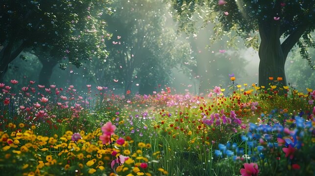 Colorful spring flowers in a meadow in the morning mist, Generative AI illustrations.