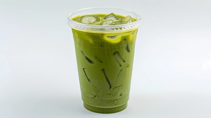 iced matcha latte in plastic cup on the white background, Generative AI illustrations.