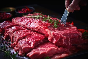 The butcher cuts pork ribs. Meat with bone on a wooden cutting board.