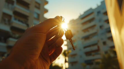 Hand Holding House Keys at Sunset with Blurred Apartment Background