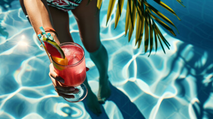Colorful Tropical Cocktail by Poolside with Palm Shadow - 777315485