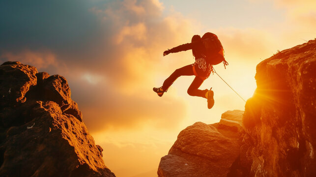 Solo climber conquers rugged peak, leaping barren heights with determination. Majestic mountain backdrop amplifies the triumph of the human spirit.