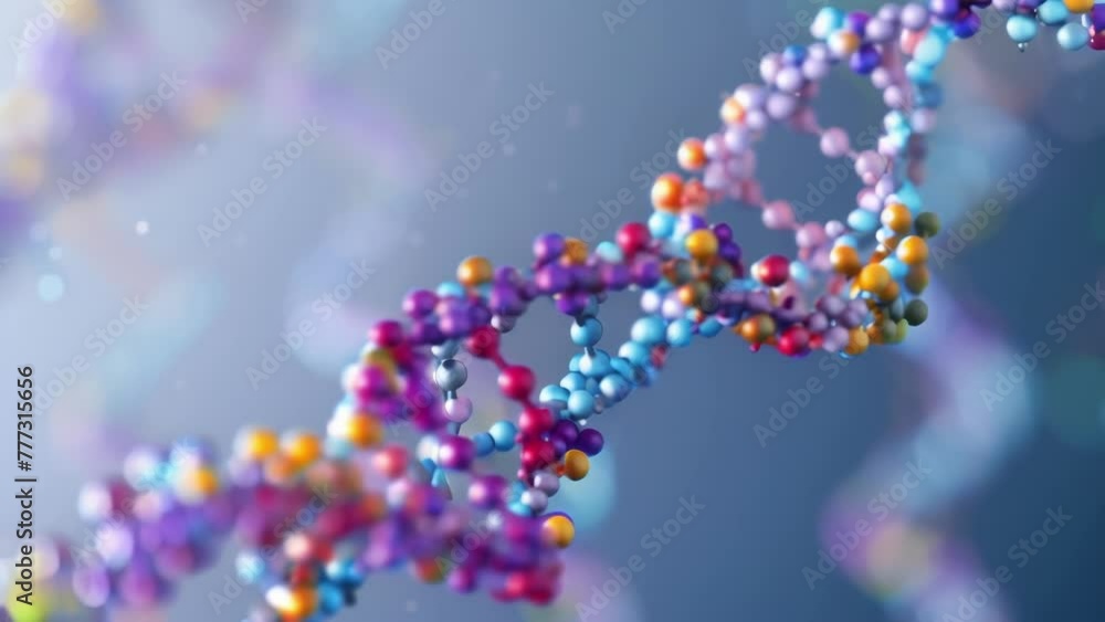 Poster a closeup view of a double helix structure with colorful beads representing the different nucleotide