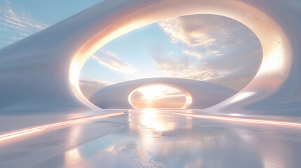 a futuristic white arena background with a large ring of light, in the style of light sky-blue and light bronze, transparent/translucent medium, large-scale minimalist, light gray and light bronze