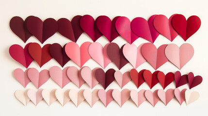 A collection of handcrafted paper hearts arranged in a gradient from deep red to soft pink against a white background.