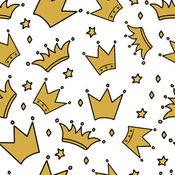 Hand drawn gold crown and stars seamless pattern. Little princess, luxury and glamour theme vector background. Easy to edit template for textile, fabric, wrapping paper, etc.