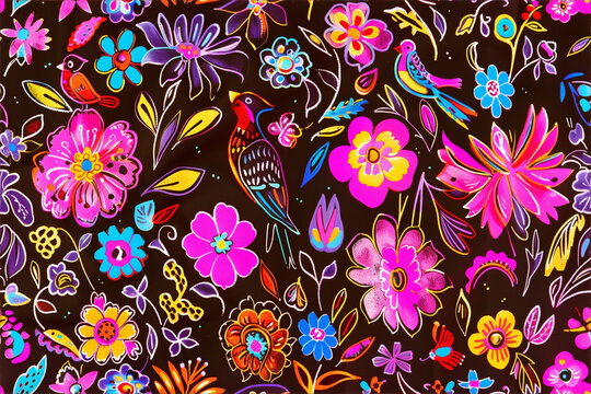 Colorful floral pattern with birds and butterflies on dark background.
