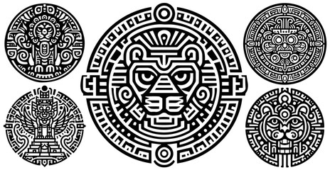 stamp emblem with Aztec and Inca motifs, ancient civilization, vector illustration, black silhouette svg, laser cutting cnc engraving