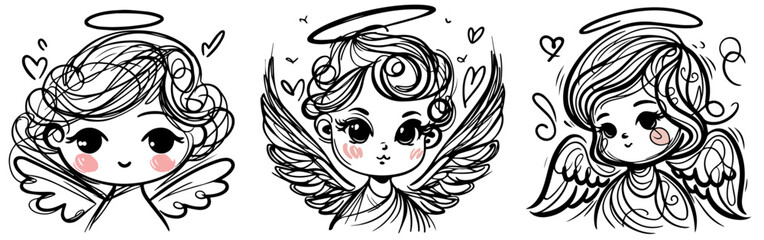 Fototapeta premium angel child, cute divinevector sketch illustration, black silhouette hand drawn svg laser cutting cnc