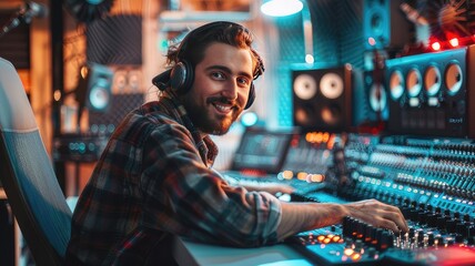 Close-Up Portrait of a Lofi Music Producer in a Professional Modern Desk Setting: Showcasing Creativity and Innovation in Music Production
 - obrazy, fototapety, plakaty